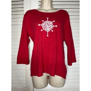 Coldwater Creek Red 3/4 Sleeve Snowflake Embroidered Holiday Top M